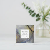 抽象芸術デニムブルー&金ゴールドアルコールインクリキッドアート スクエア名刺 (スタンド正面)