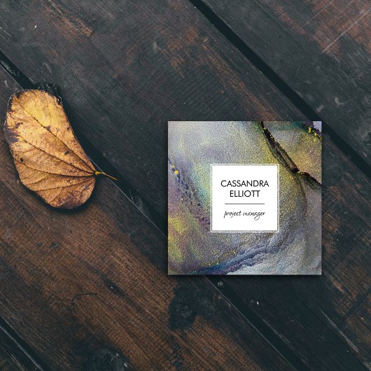 抽象芸術デニムブルー&金ゴールドアルコールインクリキッドアート スクエア名刺