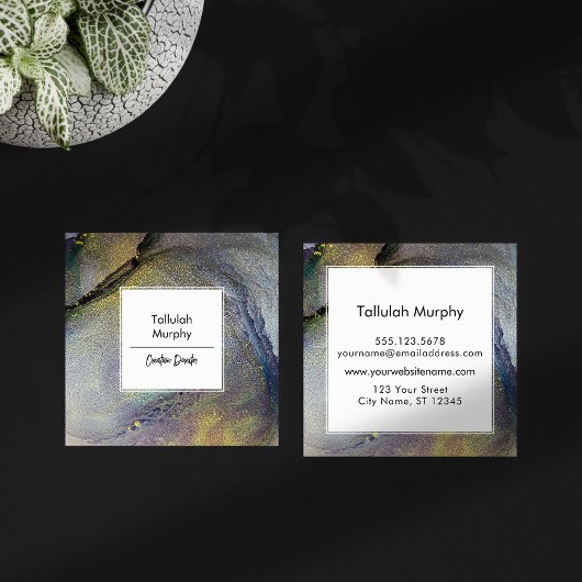 抽象芸術デニムブルー&金ゴールドアルコールインクリキッドアート スクエア名刺