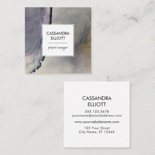 抽象芸術デニムブルー&金ゴールドアルコールインクリキッドアート スクエア名刺 (正面/裏面)