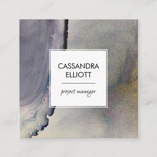 抽象芸術デニムブルー&金ゴールドアルコールインクリキッドアート スクエア名刺 (正面)