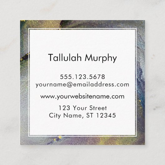 抽象芸術デニムブルー&金ゴールドアルコールインクリキッドアート スクエア名刺 (裏面)
