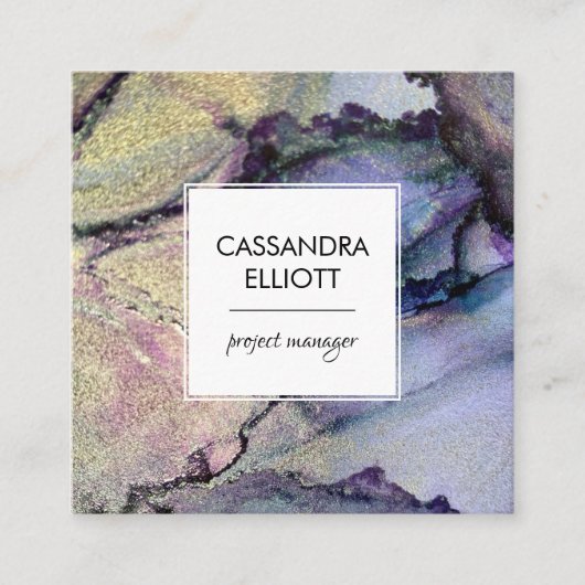 抽象芸術デニムブルー&金ゴールドアルコールインクリキッドアート スクエア名刺 (正面)