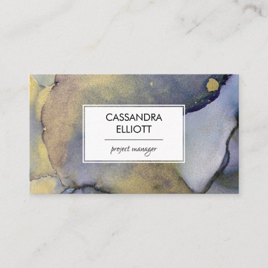抽象芸術デニムブルー&金ゴールドアルコールインクリキッドアート 名刺 (正面)