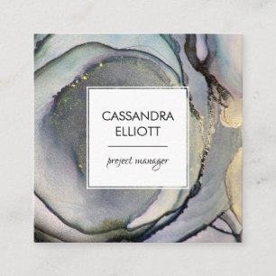 抽象芸術デニムブルー&金ゴールドアルコールインク液体アート スクエア名刺