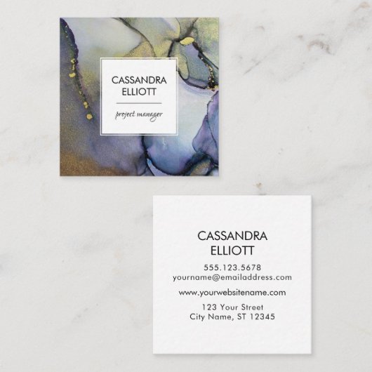 抽象芸術デニムブルー&金ゴールドアルコールインク液体アート スクエア名刺 (正面/裏面)