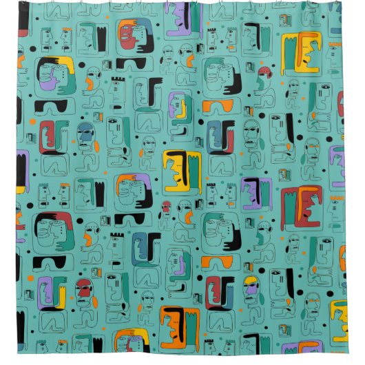 抽象芸術トライバルマヤ古代顔パターン1 シャワーカーテン (正面)