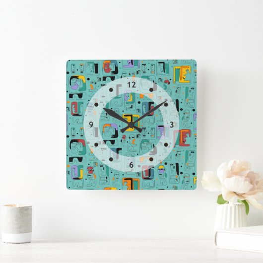抽象芸術トライバルマヤ古代顔パターン1 スクエア壁時計 (ホーム)