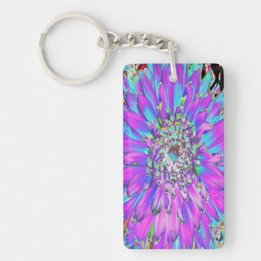 抽象芸術トリップ(幻覚体験)のようなアクア、ライムグリーンとパープルダリア キーホルダー (正面)