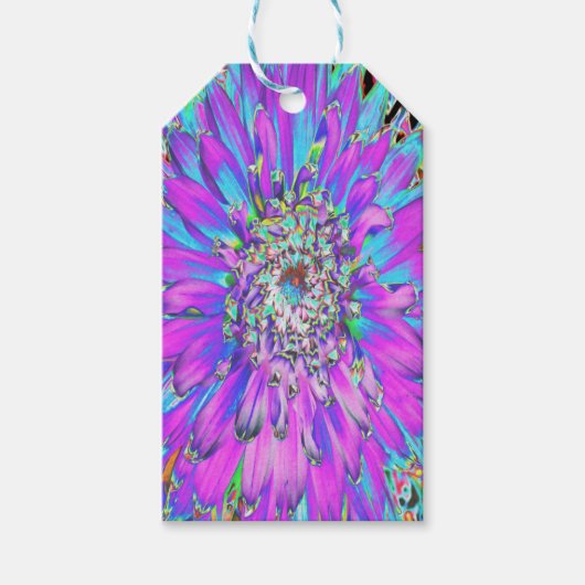 抽象芸術トリップ（幻覚体験）のようなアクア、ライムグリーンとパープルダリア ギフトタグ (正面)