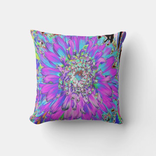 抽象芸術トリップ（幻覚体験）のようなアクア、ライムグリーンとパープルダリア クッション (正面)