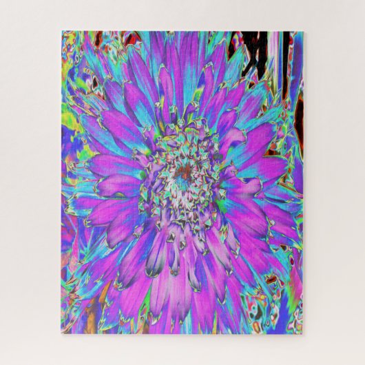 抽象芸術トリップ（幻覚体験）のようなアクア、ライムグリーンとパープルダリア ジグソーパズル (縦)