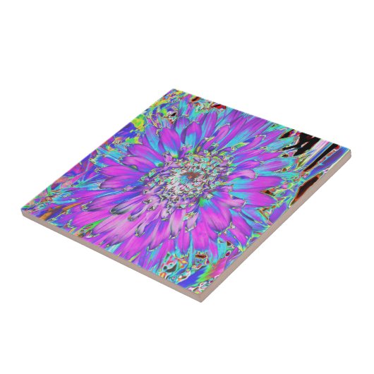 抽象芸術トリップ（幻覚体験）のようなアクア、ライムグリーンとパープルダリア タイル (側面)