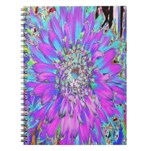 抽象芸術トリップ(幻覚体験)のようなアクア、ライムグリーンとパープルダリア ノートブック (正面)