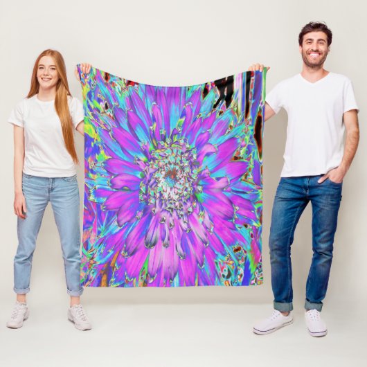 抽象芸術トリップ（幻覚体験）のようなアクア、ライムグリーンとパープルダリア フリースブランケット (インサイチュ)