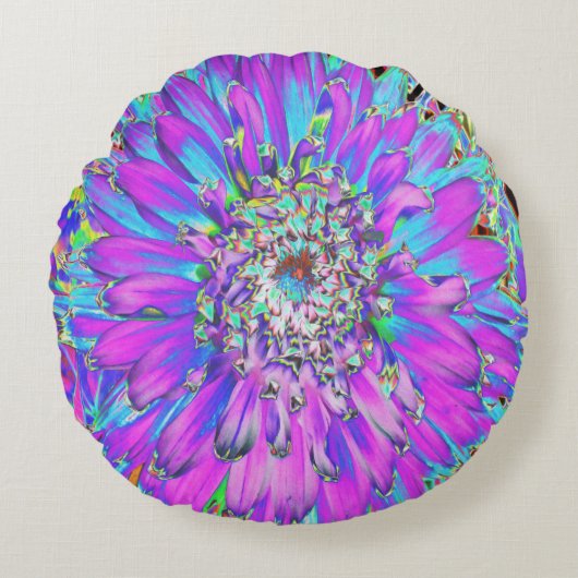 抽象芸術トリップ（幻覚体験）のようなアクア、ライムグリーンとパープルダリア ラウンドクッション (正面)