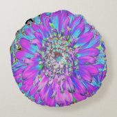 抽象芸術トリップ（幻覚体験）のようなアクア、ライムグリーンとパープルダリア ラウンドクッション (裏面)