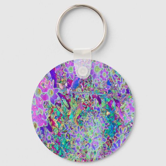 抽象芸術トリップ（幻覚体験）のようなピンクと紫の花 キーホルダー (正面)