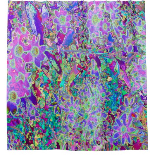 抽象芸術トリップ(幻覚体験)のようなピンクと紫の花 シャワーカーテン (正面)