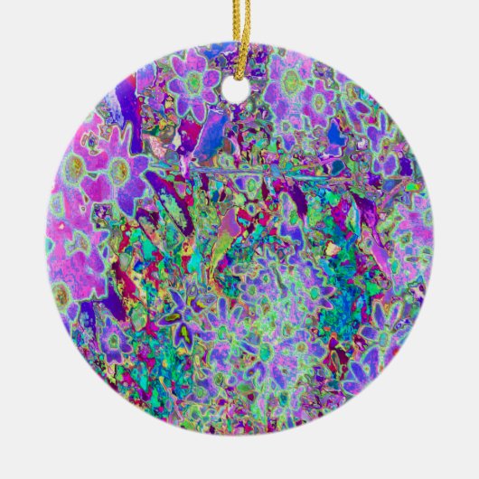 抽象芸術トリップ（幻覚体験）のようなピンクと紫の花 セラミックオーナメント (正面)