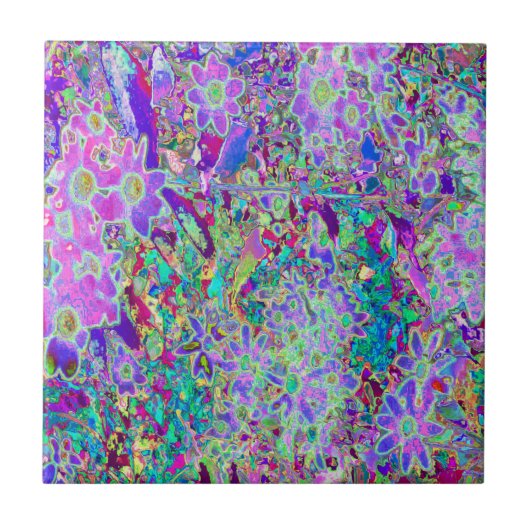 抽象芸術トリップ(幻覚体験)のようなピンクと紫の花 タイル (正面)