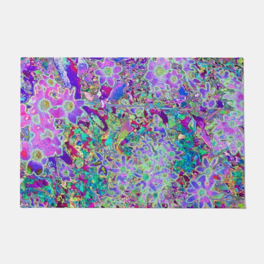抽象芸術トリップ(幻覚体験)のようなピンクと紫の花 ドアマット (正面)