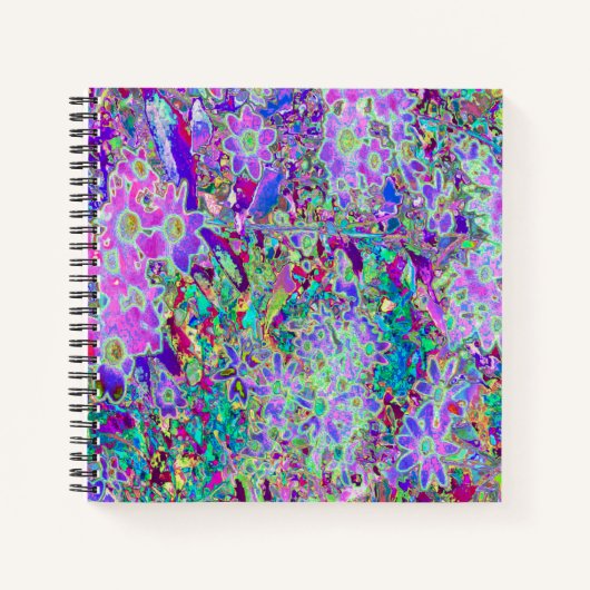 抽象芸術トリップ（幻覚体験）のようなピンクと紫の花 ノートブック (正面)