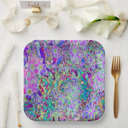抽象芸術トリップ(幻覚体験)のようなピンクと紫の花 ペーパープレート (ウェディング)