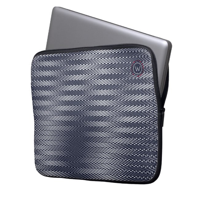 抽象芸術トリップ（幻覚体験）のようなブラック&ホワイト素晴らしいストライプモノグラム ラップトップスリーブ (正面左)