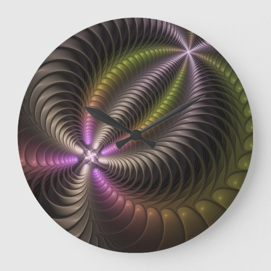 抽象芸術トリップ（幻覚体験）のような光沢カラフル3Dフラクタル芸術 ラージ壁時計 (正面)