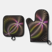 抽象芸術トリップ（幻覚体験）のような光沢カラフル3Dフラクタル芸術 鍋つかみ&鍋敷きセット (正面)