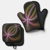 抽象芸術トリップ（幻覚体験）のような光沢カラフル3Dフラクタル芸術 鍋つかみ&鍋敷きセット (正面/裏面)