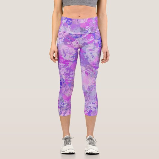 抽象芸術トレンディー迷彩柄ピンクパープルブルー カプリレギンス (正面)