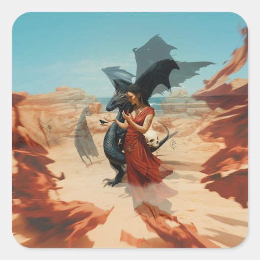抽象芸術ドラゴンスカルオカルトダークウィッチーAIアート スクエアシール (正面)