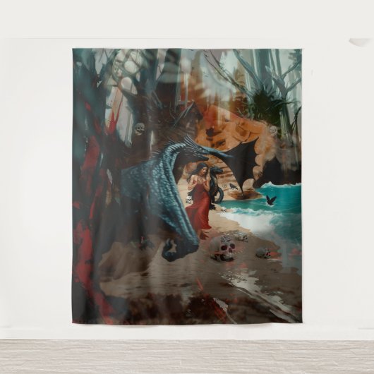 抽象芸術ドラゴンスカルオカルトダークウィッチーAIアート タペストリー (正面)