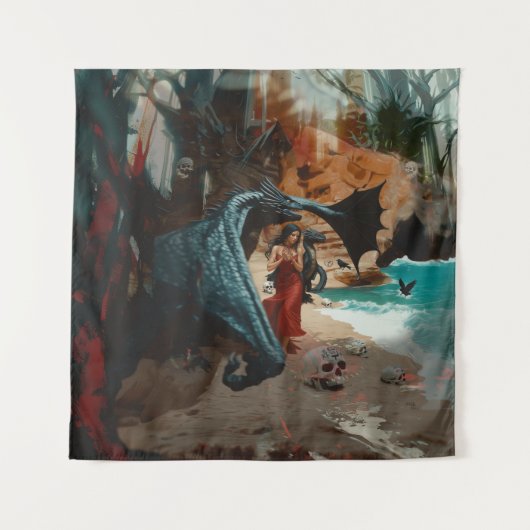 抽象芸術ドラゴンスカルオカルトダークウィッチーAIアート タペストリー (正面)