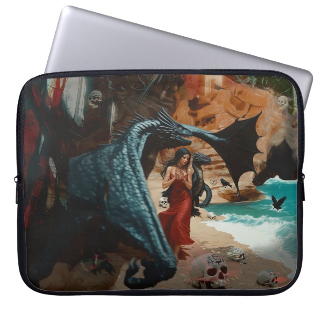 抽象芸術ドラゴンスカルオカルトダークウィッチーAIアート ラップトップスリーブ (正面)