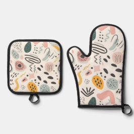 抽象芸術ドードルグラフィティパステルカラフル 鍋つかみ&鍋敷きセット