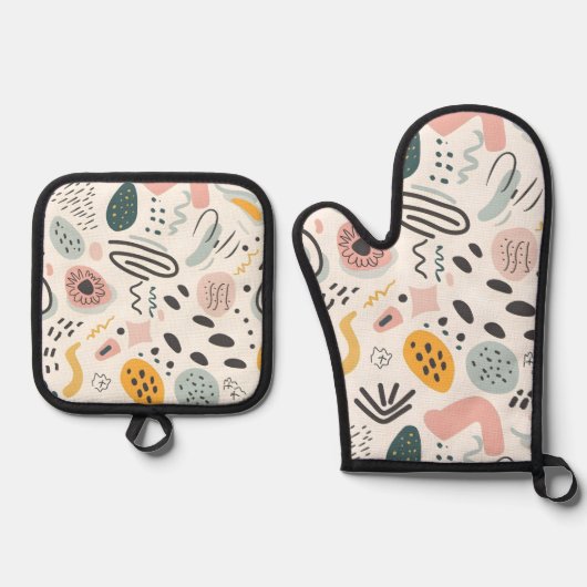 抽象芸術ドードルグラフィティパステルカラフル 鍋つかみ&鍋敷きセット (正面)