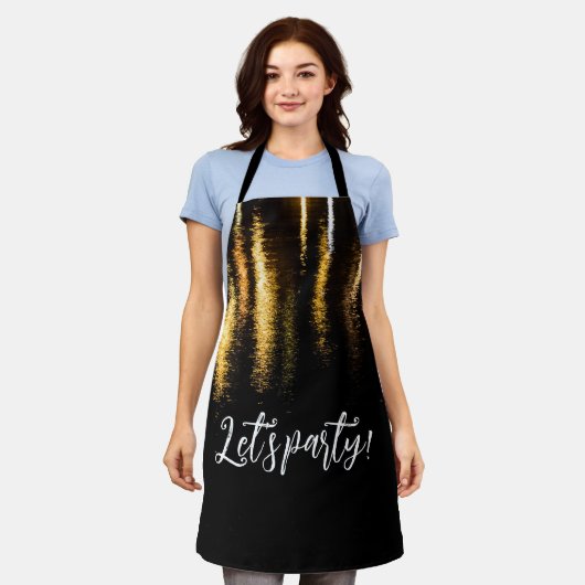 抽象芸術ナイトライト海の光沢のある金ゴールドブラックパーティー エプロン (着用した状態)
