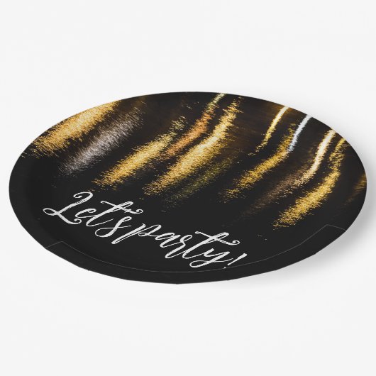 抽象芸術ナイトライト海の光沢のある金ゴールドブラックパーティー ペーパープレート (アングル)