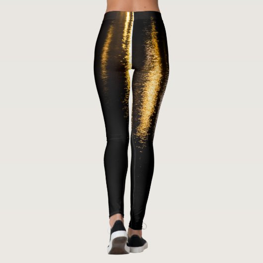 抽象芸術ナイトライト海の光沢のある金ゴールド反射 レギンス (裏面)