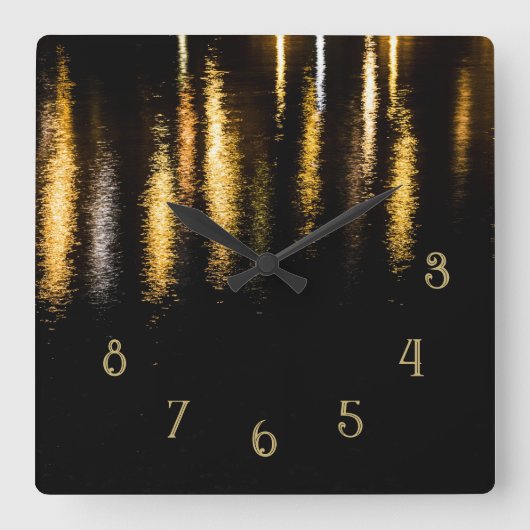 抽象芸術ナイトライト海光沢のある金ゴールドブラックw番号 スクエア壁時計 (正面)