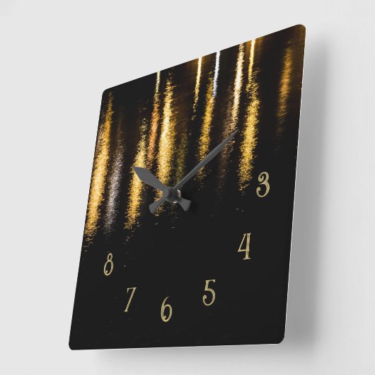 抽象芸術ナイトライト海光沢のある金ゴールドブラックw番号 スクエア壁時計 (傾斜)