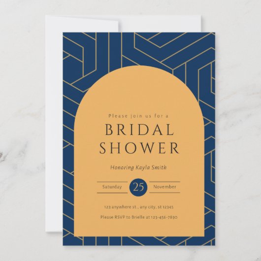 抽象芸術ネイビーとマスタードブライダルシャワー 招待状 (正面)