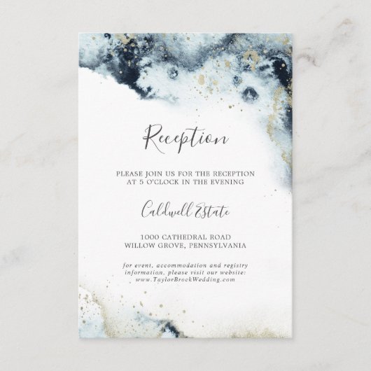 抽象芸術ネイビーウォーターカラーウェディングレセプション エンクロージャーカード (正面)