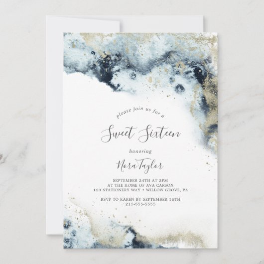 抽象芸術ネイビーウォーター色Sweet sixteen誕生日 招待状 (正面)