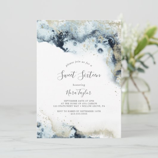 抽象芸術ネイビーウォーター色Sweet sixteen誕生日 招待状 (スタンド正面)