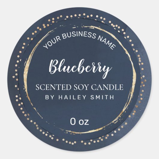 抽象芸術ネイビーブルーと金ゴールドの香り付き大豆キャンドル ラウンドシール (正面)