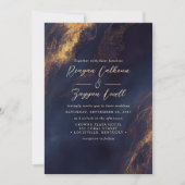 抽象芸術ネイビーブルーと金ゴールド書道結婚の 招待状 (正面)